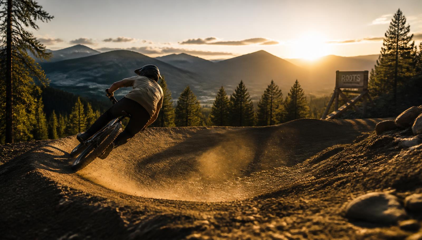 Mountain biker railing a bermed dirt corner in an alpine bike park at sunset